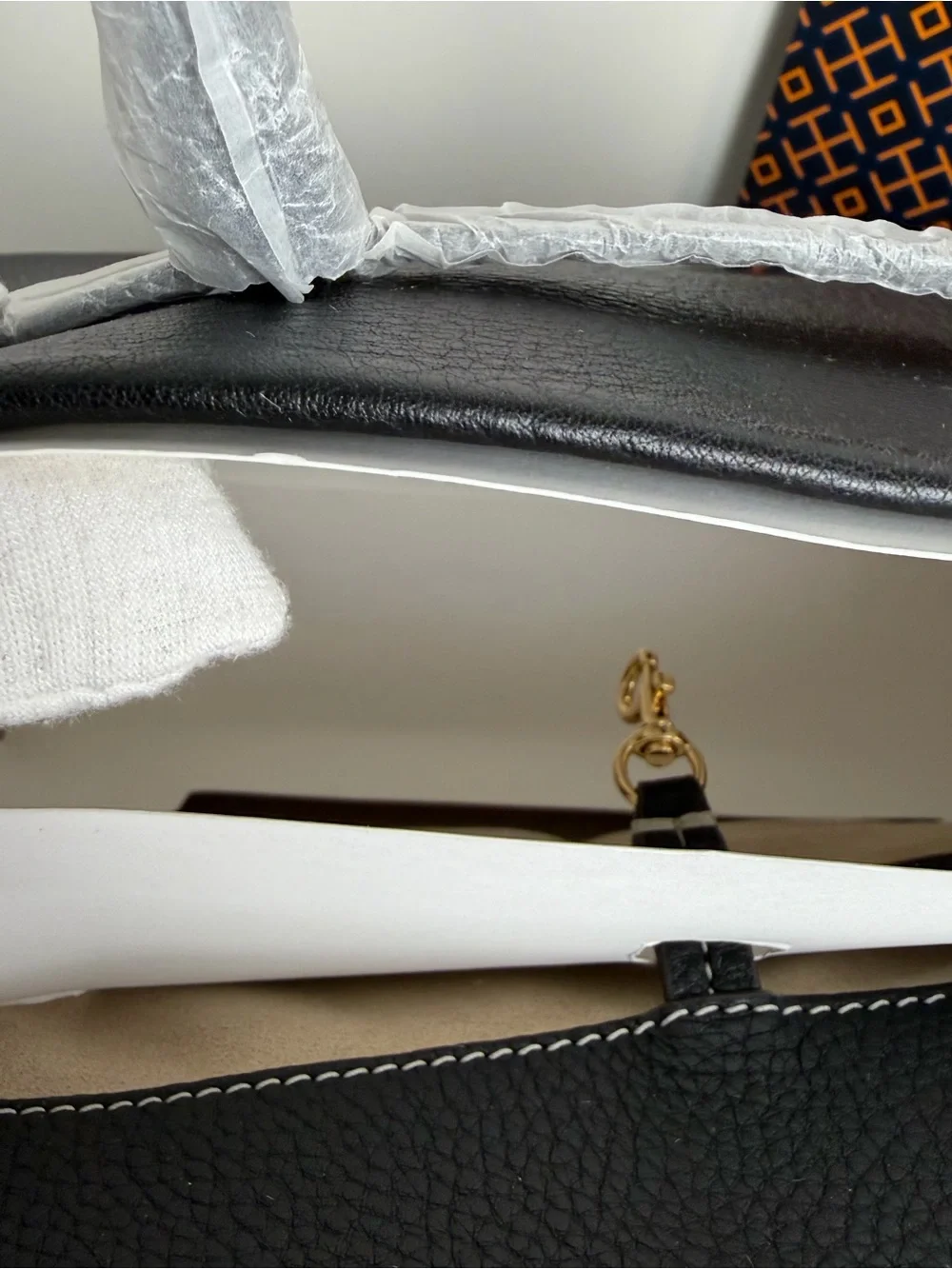 Tory Burch Black Leather Tote with Brown Trim